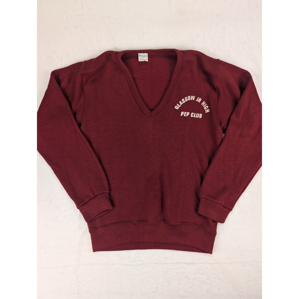 Vintage Varsity Knit V Neck Sweater Men Small Burgundy Preppy Pep Club Academia